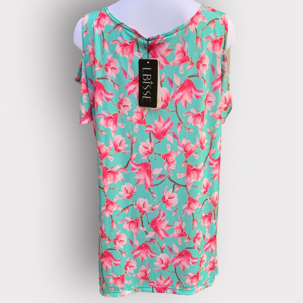 LBISSE Women's Cold Shoulder Floral Blouse Aqua Pink XL NEW - Picture 3 of 6